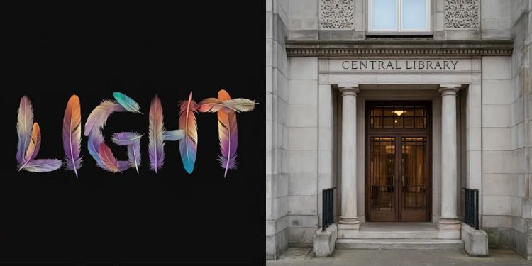 Imágenes creadas con Google Image3 AI.  El de la izquierda debajo del mensaje (en inglés) "Palabra "Luz" hecho de plumas de varios colores, fondo negro".  El de la derecha debajo del mensaje (en inglés) "Una fotografía de la majestuosa entrada de una biblioteca con las palabras "Biblioteca Central" grabado en la piedra".